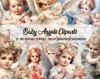 Baby Angels Cliparts,Floral Angels,Paper Craft,Commercial Use,Scrapbook,Junk Journal,PNG Angel,Clipart Bundle,Watercolor Effect,Little Angel
