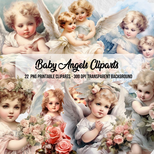 Baby Angels clipart, kwiatowe anioły, rękodzieło papierowe, do użytku komercyjnego, notatnik, dziennik śmieci, PNG Angel, pakiet clipartów, efekt akwareli, mały anioł