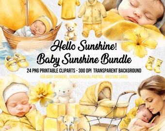 Paquete de imágenes prediseñadas de bebé en acuarela, temática de sol (descarga digital)
