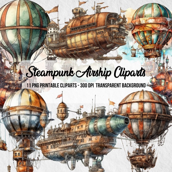 Imágenes prediseñadas de dirigible Steampunk, PNG Steampunk, diario basura, álbum de recortes, uso comercial, estilo Steampunk, descarga digital instantánea, paquete de imágenes prediseñadas