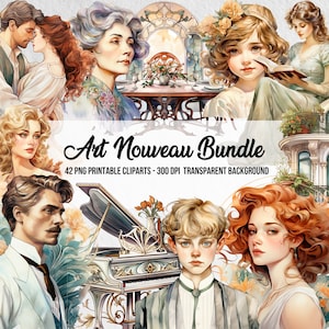PNG Art Nouveau Bundle,Watercolor Art Nouveau Cliparts,Art Deco Bundle,Vintage PNG Clipart,Junk Journal,Instant Digital Download,Paper Craft