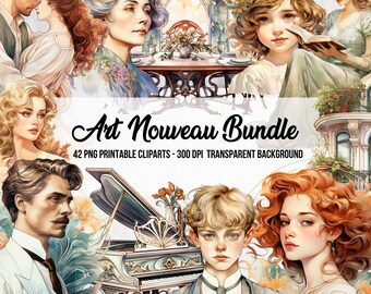 Watercolor Art Nouveau Clipart Bundle: Vintage PNG Graphics (Digital Download)