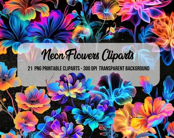 Neon Flower Clipart Bundle, Fantasy Floral Images (Digital Download)