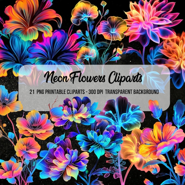 Neon Flower clipart, clipart di fantasia, diario spazzatura, album di ritagli, immagini floreali, pacchetto di clipart, download digitale istantaneo, fiori dell'acquerello