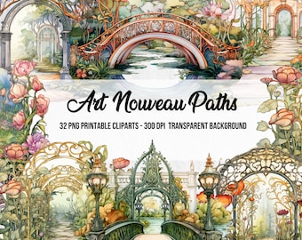 Art Nouveau Paths Clipart: Watercolor Art Deco PNG Bundle (Digital Download)
