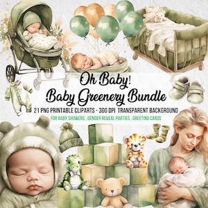 Paquete de vegetación para bebé, imágenes prediseñadas de acuarela, baby shower, bebé recién nacido, imágenes prediseñadas para bebé, guardería, PNG, revelación de género, paquete de imágenes prediseñadas, descarga digital