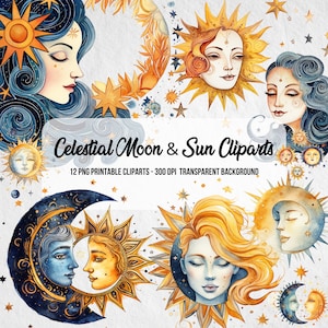 Celestial Moon and Sun Clipart,PNG Moon,Junk Journal,Scrapbook,Clipart Bundle,Instant Digital Download,Celestial Digital Graphic,Retro Style
