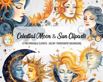 Celestial Moon and Sun Clipart Bundle, Retro Style (Digital Download)