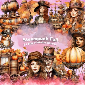 Imágenes prediseñadas de otoño steampunk, kit steampunk, imágenes digitales de otoño steampunk, paquete steampunk descargable, damas steampunk, conjunto de imágenes prediseñadas de acción de gracias de otoño
