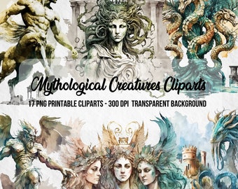 May include: A set of 17 digital clip art images featuring watercolor illustrations of mythical creatures. The images include a centaur, a hydra, a griffin, and a three-headed goddess. The images are on a transparent background.