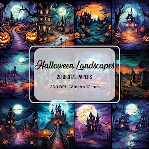 Papéis digitais de paisagens de Halloween para impressão, arte em papel, itens efêmeros de Halloween, download digital instantâneo, criação de cartões, kit de diário de lixo, scrapbooking