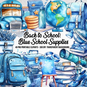 PNG Watercolor School Cliparts,Back to School Cliparts,Blue School Clipart,Blue School Bus,Time to School,Blue Clip art,Blue PNG Clip Art