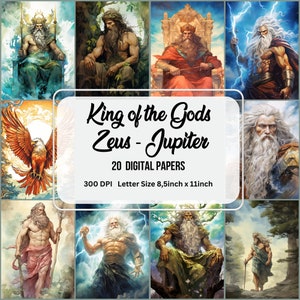 Papier numérique imprimable Zeus God, père des dieux, éphémères de la mythologie, téléchargement numérique instantané, art du papier, fabrication de cartes, kit de journal indésirable, scrapbooking