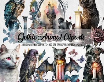 Pacchetto di clipart di animali gotici, effetto acquerello (download digitale)