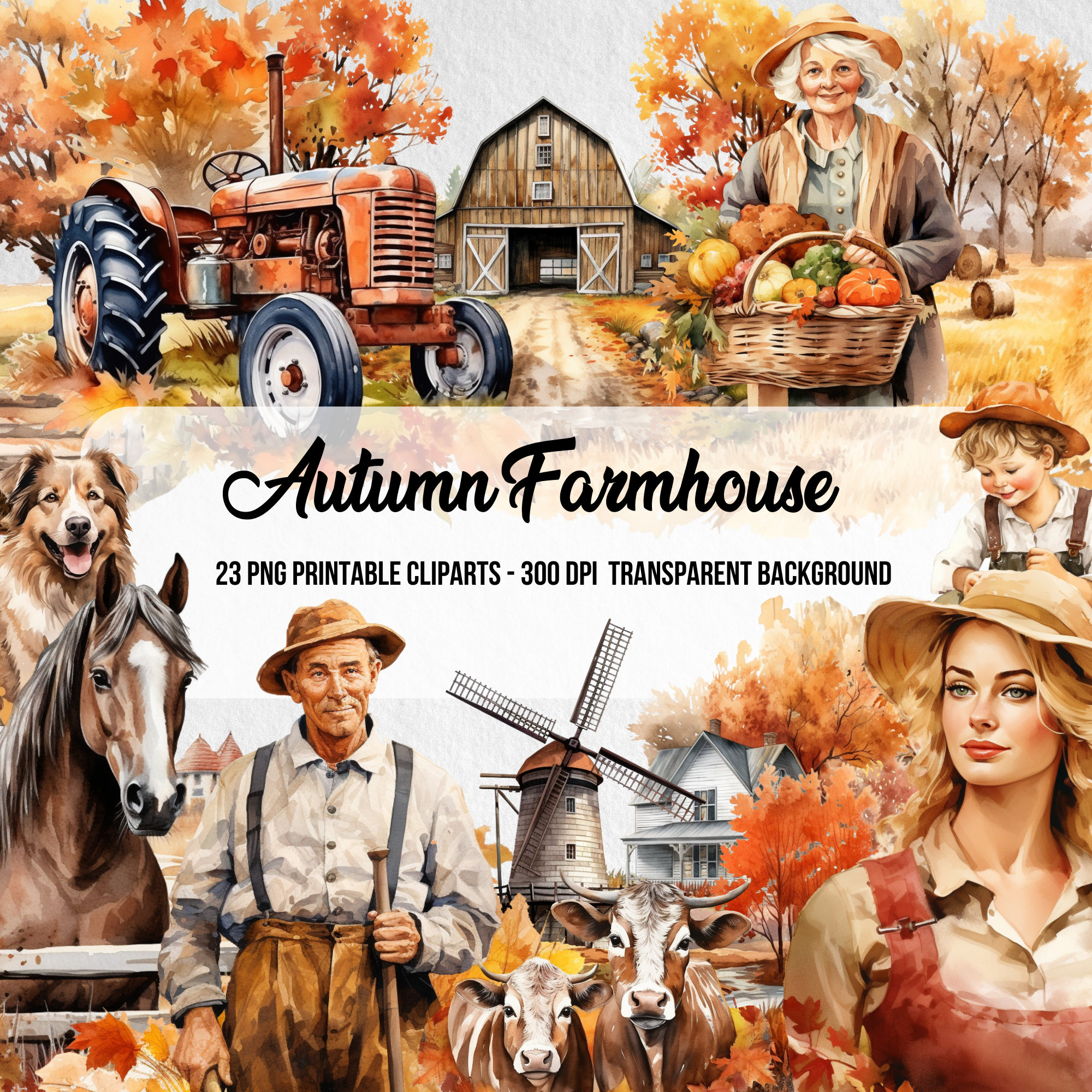 Watercolor Autumn Farmhouse Clipart Set (PNG) - Etsy