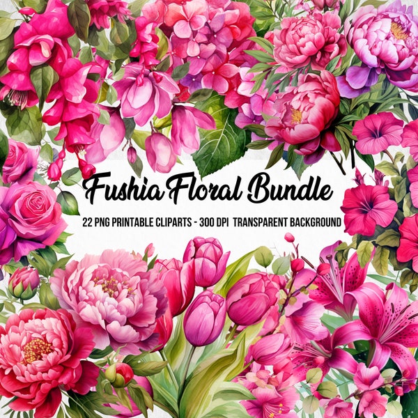 Fushia Floral Bundle,Junk Journal,Scrapbook,Floral Images,Clipart Bundle,Instant Digital Download,Watercolor Effect,Flower Digital Graphics