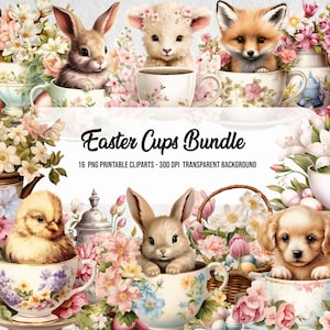 pacote de clipart de xícara de páscoa, xícara de café vintage, clipart de páscoa floral, download digital instantâneo, kit de diário de lixo, criação de cartões, arte impressa de páscoa