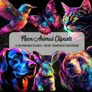 Neon Animal Cliparts,Fantasy Cliparts,Junk Journal,Scrapbook,Animal Images,Clipart Bundle,Instant Digital Download,Watercolor Animals