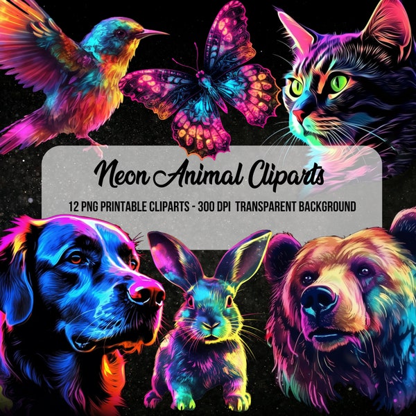 Neon Animal Cliparts,Fantasy Cliparts,Junk Journal,Scrapbook,Animal Images,Clipart Bundle,Instant Digital Download,Watercolor Animals