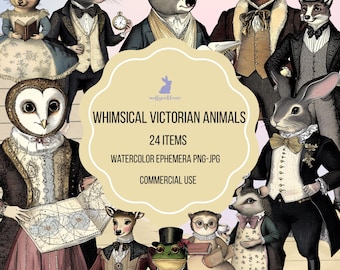 Odd Whimsical Victorian Animal Clipart,Watercolor Effect,Digital Download