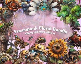 Steampunk Floral Clipart Bundle: Animals & Flowers (Digital Prints)