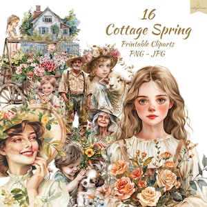Vintage Whimsy Spring Clipart Bundle,PNG Watercolor Style, Card Making,Digital Download