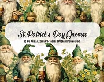 16 St. Patrick's Day Gnomes Cliparts: Vintage Watercolor PNG (Digital Download)