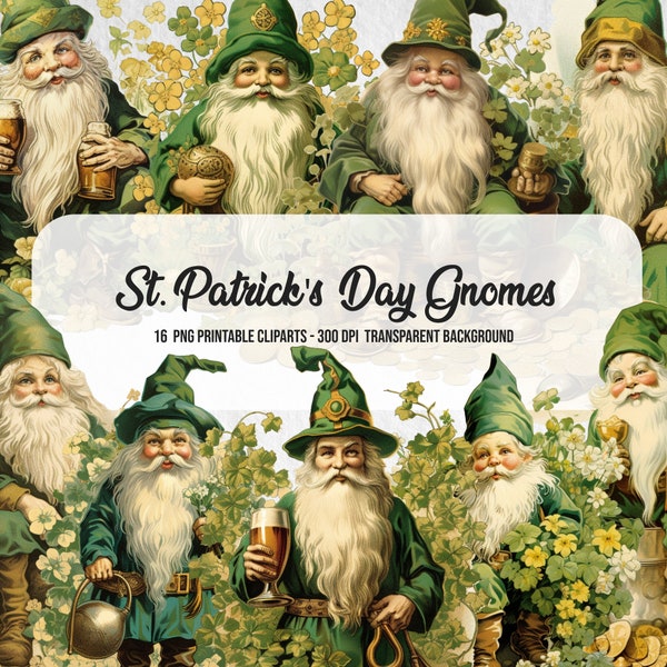 16 St. Patrick's Day Gnomes Cliparts,Vintage Gnomes PNG,Watercolor Effect,Card Making Art,Scrapbook Kit,Happy St. Patrick's Day,Irish Gnomes