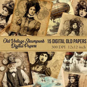 15 Steampunk Themed Old Digital Printable Paper,Steampunk Ephemera Art,Printable  Newspaper Texture Paper,Digital Steampunk Junk Journal Kit