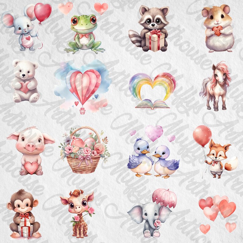 Romantic Valentine's Day Cute Animals Cliparts,Valentine's Day Art,Watercolor Effect,Commercial Use,Scrapbook,Junk Journal,Lovely Animal PNG