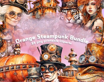 Może przedstawiać: Pomarańczowy pakiet cyfrowych grafik steampunk z 34 obrazami do wydrukowania. Grafiki obejmują steampunkową kobietę, tygrysa, dom, zegar, pociąg, psa, jaszczurkę i wiele innych.