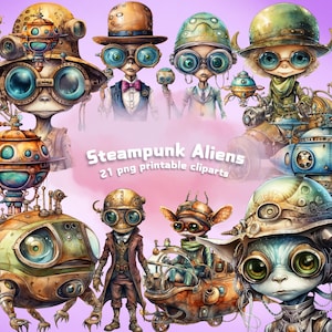 OVNI extraterrestre png clipart, lot extraterrestre steampunk, extraterrestres mignons, estampes aliénation, surdoué extraterrestre, papier steampunk téléchargeable, kit scrapbooking steampunk