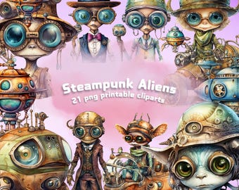Może przedstawiać: Zestaw 21 cyfrowych obrazów clipart przedstawiających steampunkowe kosmitów. Kosmici są zilustrowani w kreskówkowym stylu z misternymi szczegółami i noszą okulary, kapelusze i inne steampunkowe akcesoria. Obrazy idealnie nadają się do dodania kapryśnego akcentu do projektów cyfrowych.