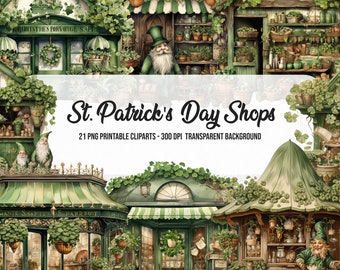 St. Patrick's Day Shops Clipart: Aquarell Szene (PNG Digital Download)
