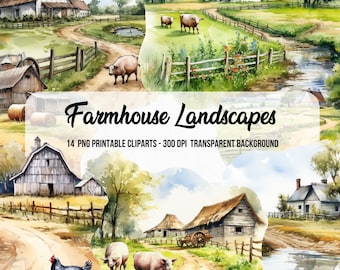 Ilustrações em aquarela de paisagens rurais, cenas de aldeia (download digital)