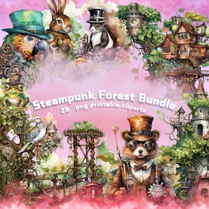 bosque digital clipart, bosque de fantasía digital, bosque steampunk, steampunk verde, animales steampunk, png estilo steampunk, papeles verdes steampunk