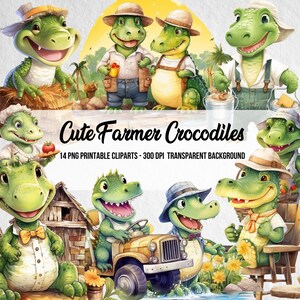 PNG Cute Farmer Crocodile Cliparts,Watercolor Effect Animals,Farmer PNG Image,Crocodile Watercolor Clipart,Nursery Bundle,Farmer Animals Art