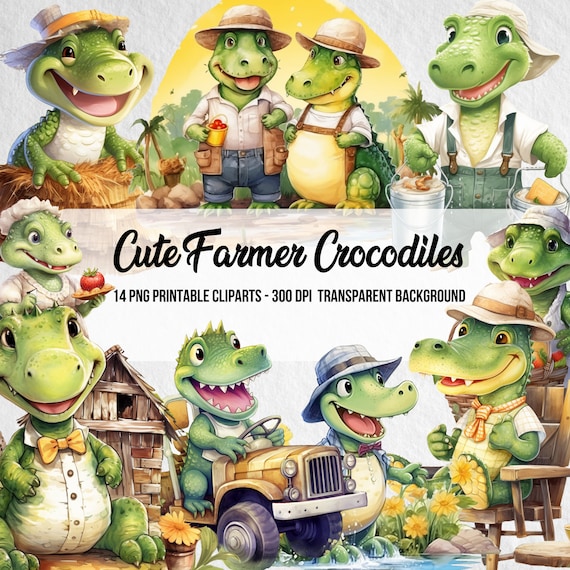 Watercolor Farmer Crocodile Clipart Bundle (Digital Download)