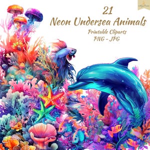 Neon Undersea Cliparts, Ocean PNG Bundle, Téléchargement numérique,