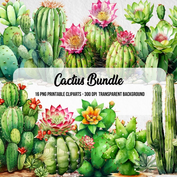 Floral Cactuse Bundle ,Watercolor Effect,Commercial Use,Scrapbook,Junk Journal, PNG Plants,Digital Downloads,Clipart Bundle,Greenery Bundle