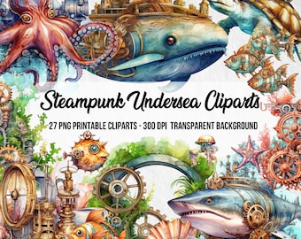 Steampunk Undersea Cliparts,PNG Steampunk Cliparts,Junk Journal,Scrapbook,Steampunk Style,Clipart Bundle,Instant Digital Download,Underwater