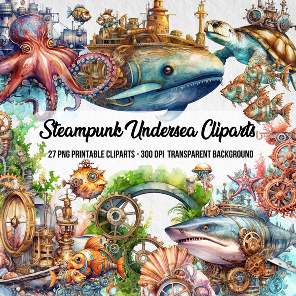 Steampunk Undersea Cliparts,PNG Steampunk Cliparts,Junk Journal,Scrapbook,Steampunk Style,Clipart Bundle,Instant Digital Download,Underwater