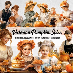 May include: A collection of 19 Victorian-themed digital clipart images featuring pumpkins, fall foliage, and people in vintage clothing. The images are perfect for crafting, scrapbooking, and other creative projects.