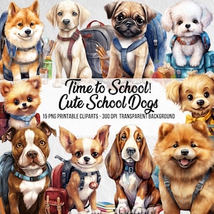 Clipart de perros escolares en acuarela PNG, paquete de regreso a la escuela, clip art de animales escolares, sublimación escolar digital, paquete escolar, escuela, arte escolar