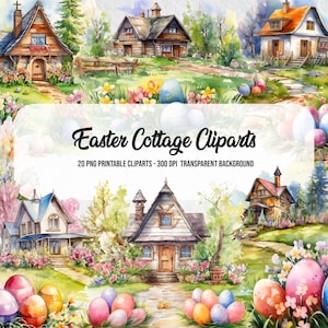 cliparts de cabana de páscoa, impressões de páscoa com efeito aquarela, png de páscoa, arte fofa de coelhinho da páscoa, artesanato de páscoa para download, impressões de páscoa imprimíveis