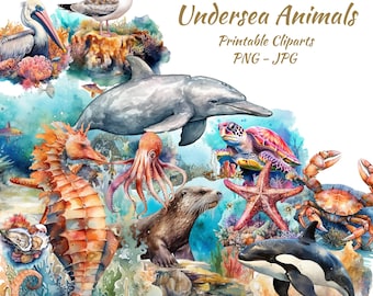 Undervattensdjur Clipart Bundle, Akvarell Val PNG, Havsdjur Digital Konst