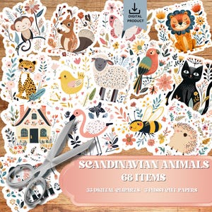 Taglio fussy animale scandinavo, diario di primavera, ritaglio di album vittoriano, effimeri fussy cut stravaganti, creazione di biglietti scandinavi stampabili
