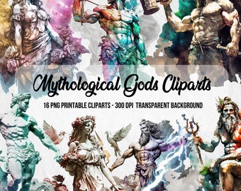 May include: A set of 16 printable digital clipart images featuring mythological gods and goddesses. The images are in a watercolor style with a transparent background. The images include Zeus, Poseidon, Hades, Hera, Athena, Artemis, Aphrodite, Apollo, Ares, Demeter, Dionysus, Hephaestus, Hermes, Hestia, and Persephone.
