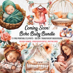 Boho Baby Bundle,Watercolor Clipart,Baby Shower,Newborn Baby, Clipart Baby,Nursery PNG,Gender Reveal,Clipart Bundle,Digital Instant Download