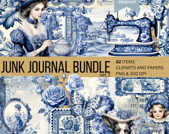 62 Delft BlueThemed Junk Journal Bundle,Instant Digital Download,Digital Scrapbooking,Card Making,Journal Paper,Junk Journal Kit,Digital Art